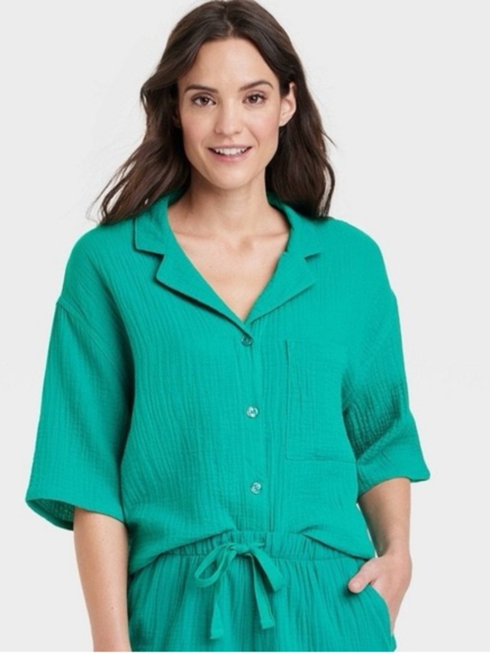 stars above Teal Button-Front Textured Short Sleeve Top